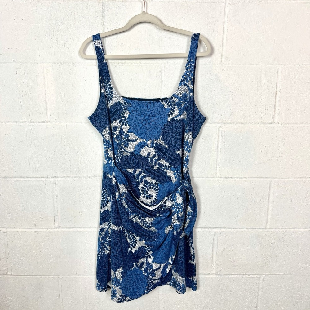 Loft NWT Floral Tank Dress Faux Wrap Side Tie Blue Tropical Resort Travel SZ 14‎